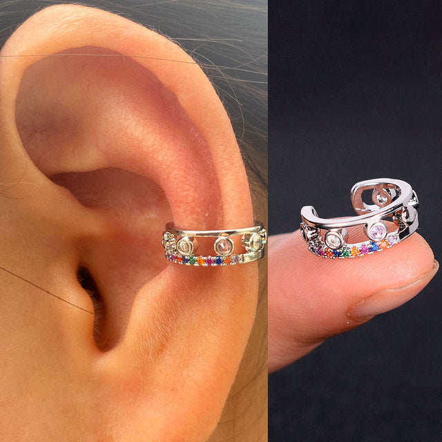 2Pc Hollow Geometry Rainbow CZ Cuff Wrap Clip On Earrings Women Girls Climber Ear Cartilage Bone Clips Fake Earring Non Piercing (Copy)