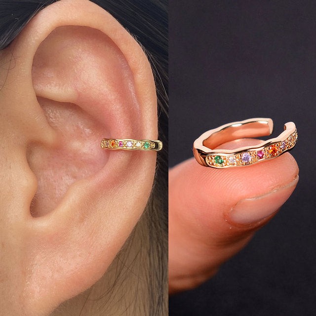 2Pc Hollow Geometry Rainbow CZ Cuff Wrap Clip On Earrings Women Girls Climber Ear Cartilage Bone Clips Fake Earring Non Piercing (Copy)